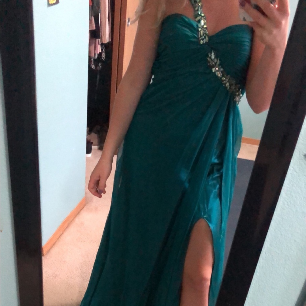 Emerald long open back dress, size 4